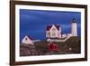 USA, Maine, York Beach, Nubble Light Lighthouse with Christmas decorations at dusk-Walter Bibikow-Framed Photographic Print