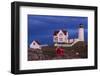 USA, Maine, York Beach, Nubble Light Lighthouse with Christmas decorations at dusk-Walter Bibikow-Framed Photographic Print