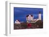 USA, Maine, York Beach, Nubble Light Lighthouse with Christmas decorations at dusk-Walter Bibikow-Framed Photographic Print