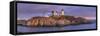 USA, Maine, York Beach, Nubble Light Lighthouse with Christmas decorations, dusk-Walter Bibikw-Framed Stretched Canvas