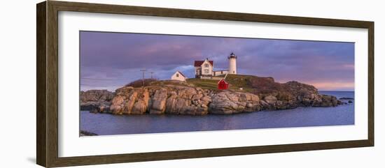 USA, Maine, York Beach, Nubble Light Lighthouse with Christmas decorations, dusk-Walter Bibikw-Framed Photographic Print