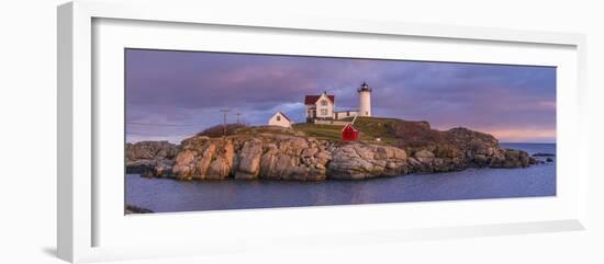 USA, Maine, York Beach, Nubble Light Lighthouse with Christmas decorations, dusk-Walter Bibikw-Framed Photographic Print