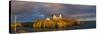 USA, Maine, York Beach, Nubble Light Lighthouse with Christmas decorations, sunset-Walter Bibikw-Stretched Canvas