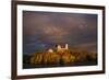 USA, Maine, York Beach, Nubble Light Lighthouse with Christmas decorations, sunset-Walter Bibikow-Framed Premium Photographic Print