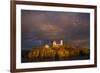 USA, Maine, York Beach, Nubble Light Lighthouse with Christmas decorations, sunset-Walter Bibikow-Framed Premium Photographic Print