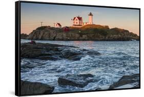 USA, Maine, York, Nubble Light Lighthouse at dusk-Walter Bibikow-Framed Stretched Canvas