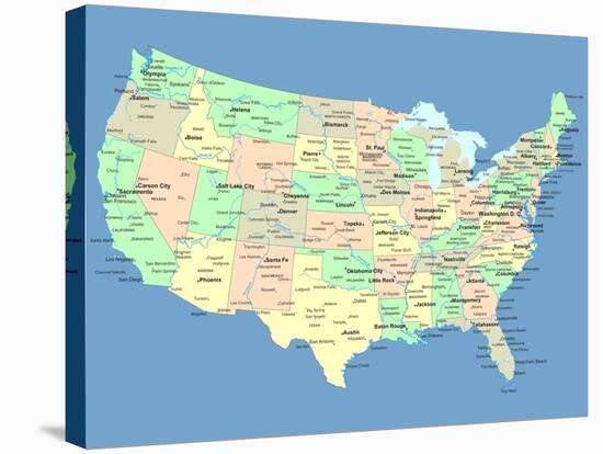 Usa Map With Names Of States And Cities-IndianSummer-Stretched Canvas