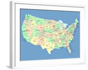 Usa Map With Names Of States And Cities-IndianSummer-Framed Art Print