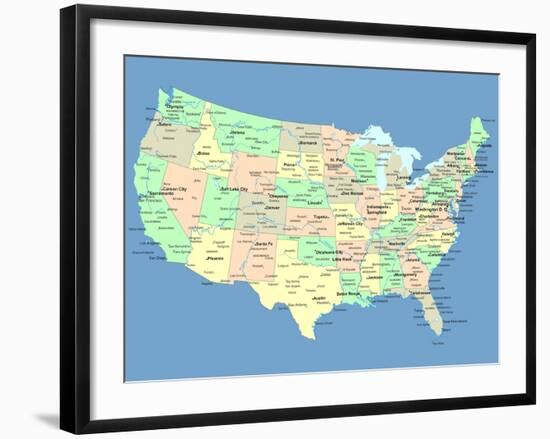 Usa Map With Names Of States And Cities-IndianSummer-Framed Art Print