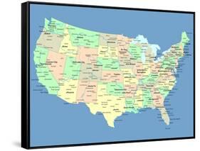 Usa Map With Names Of States And Cities-IndianSummer-Framed Stretched Canvas