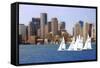 USA, Massachusetts. Boston waterfront skyline with sailboats.-Anna Miller-Framed Stretched Canvas