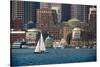 USA, Massachusetts. Boston waterfront skyline with sailboats.-Anna Miller-Stretched Canvas