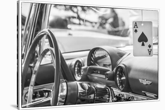 USA, Massachusetts, Cape Ann, Gloucester. Antique car interior and ace of spades card.-Walter Bibikow-Stretched Canvas