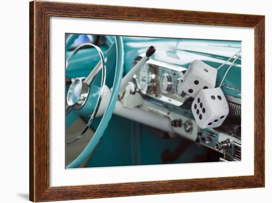 USA, Massachusetts, Cape Ann, Gloucester, Antique Car Show, 1950's Fuzzy Dice-Walter Bibikow-Framed Photographic Print