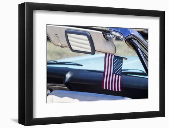 USA, Massachusetts, Cape Ann, Gloucester, classic cars, 1960's car interior with US flag-Walter Bibikow-Framed Photographic Print