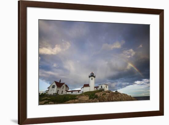 USA, Massachusetts, Cape Ann, Gloucester, Eastern Point Lighthouse with rainbow-Walter Bibikow-Framed Premium Photographic Print