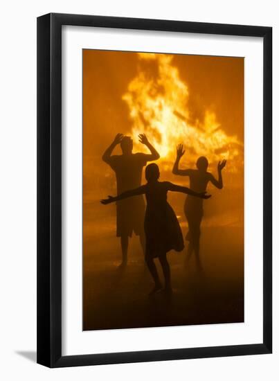 USA, Massachusetts, Cape Ann, Rockport, Fourth of July Bonfire, Silhouettes of People-Walter Bibikow-Framed Premium Photographic Print