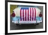 USA, Massachusetts, Essex. Antique cars, detail of 1950's-era Ford draped with US flag-Walter Bibikow-Framed Photographic Print