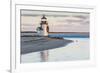 USA, Massachusetts, Nantucket Island, Brant Point Lighthouse with a Christmas wreath at dusk.-Walter Bibikow-Framed Photographic Print