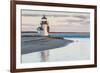 USA, Massachusetts, Nantucket Island, Brant Point Lighthouse with a Christmas wreath at dusk.-Walter Bibikow-Framed Photographic Print