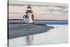 USA, Massachusetts, Nantucket Island, Brant Point Lighthouse with a Christmas wreath at dusk.-Walter Bibikow-Stretched Canvas