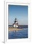 USA, Massachusetts, Nantucket Island, Brant Point Lighthouse with a Christmas wreath.-Walter Bibikow-Framed Premium Photographic Print