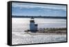 USA, Massachusetts, Nantucket Island. Nantucket Town, Brant Point Lighthouse from Nantucket Ferry.-Walter Bibikow-Framed Stretched Canvas
