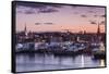 USA, Massachusetts, Newburyport, skyline from the Merrimack River at dusk-Walter Bibikow-Framed Stretched Canvas