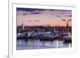 USA, Massachusetts, Newburyport, skyline from the Merrimack River at dusk-Walter Bibikow-Framed Photographic Print