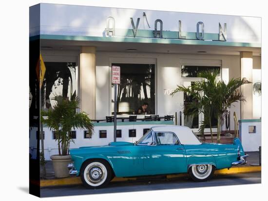 USA, Miami Beach, South Beach, Ocean Drive, Avalon Hotel and 1957 Thunderbird Car-Walter Bibikow-Stretched Canvas