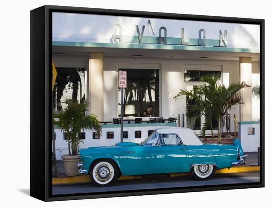 USA, Miami Beach, South Beach, Ocean Drive, Avalon Hotel and 1957 Thunderbird Car-Walter Bibikow-Framed Stretched Canvas