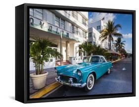 USA, Miami Beach, South Beach, Ocean Drive, Avalon Hotel and 1957 Thunderbird Car-Walter Bibikow-Framed Stretched Canvas