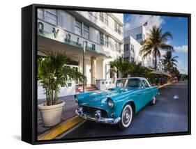 USA, Miami Beach, South Beach, Ocean Drive, Avalon Hotel and 1957 Thunderbird Car-Walter Bibikow-Framed Stretched Canvas