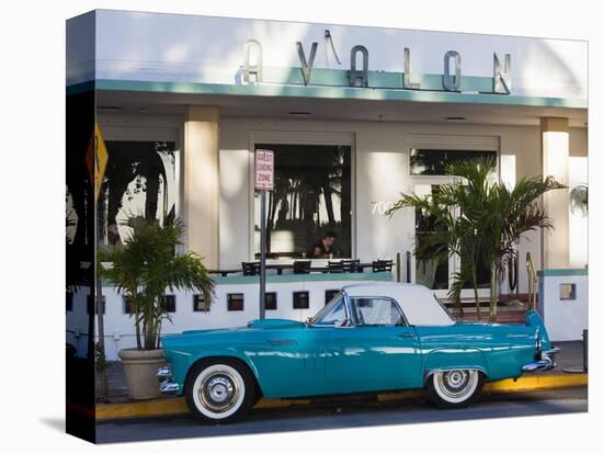 USA, Miami Beach, South Beach, Ocean Drive, Avalon Hotel and 1957 Thunderbird Car-Walter Bibikow-Stretched Canvas