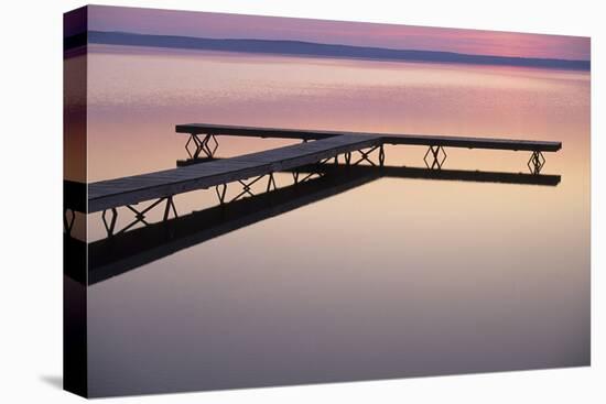 USA Michigan - Dock and lake at dawn, June-Larry West-Stretched Canvas