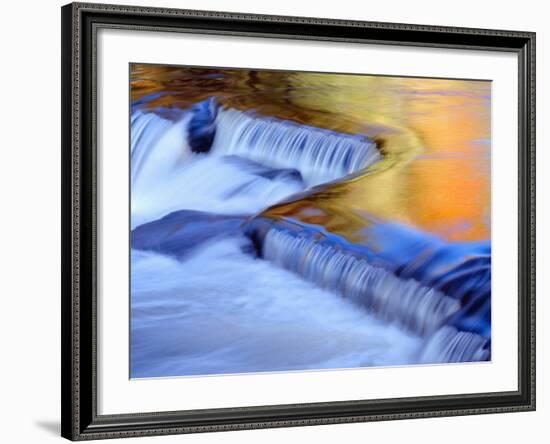 USA, Michigan, Ottawa National Forest, Fluid Cascade and Smooth Water Reflecting Fall Foliage-John Barger-Framed Photographic Print