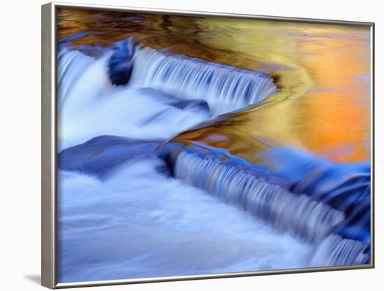 USA, Michigan, Ottawa National Forest, Fluid Cascade and Smooth Water Reflecting Fall Foliage-John Barger-Framed Photographic Print