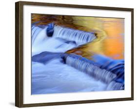 USA, Michigan, Ottawa National Forest, Fluid Cascade and Smooth Water Reflecting Fall Foliage-John Barger-Framed Photographic Print