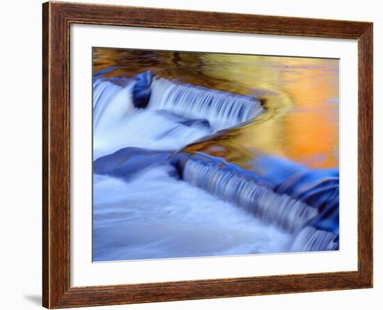 USA, Michigan, Ottawa National Forest, Fluid Cascade and Smooth Water Reflecting Fall Foliage-John Barger-Framed Photographic Print