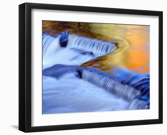 USA, Michigan, Ottawa National Forest, Fluid Cascade and Smooth Water Reflecting Fall Foliage-John Barger-Framed Photographic Print