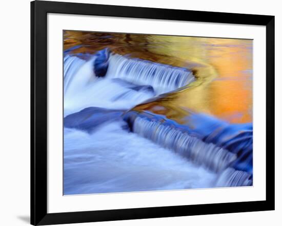 USA, Michigan, Ottawa National Forest, Fluid Cascade and Smooth Water Reflecting Fall Foliage-John Barger-Framed Photographic Print