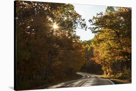 USA, Michigan. Sunlight through autumn foliage along a road in the Keweenaw Peninsula.-Brenda Tharp-Stretched Canvas