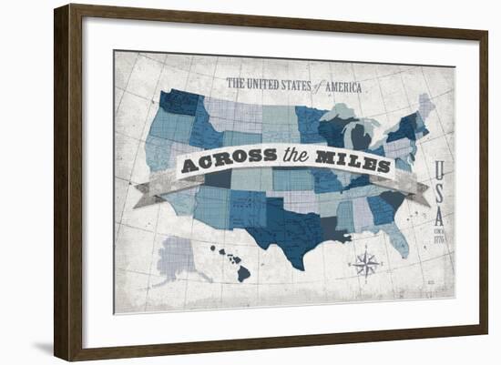 USA Modern Vintage Blue Grey with Words-Michael Mullan-Framed Art Print