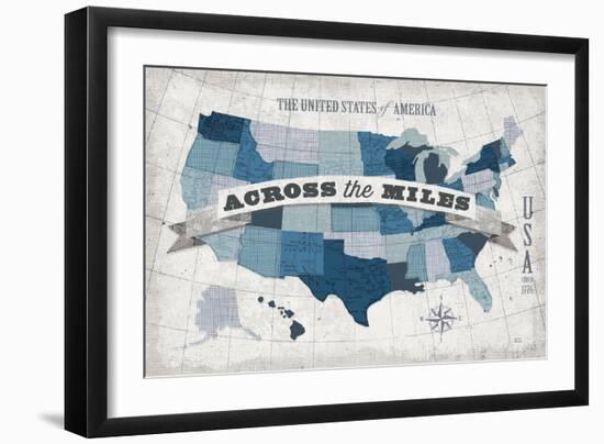 USA Modern Vintage Blue Grey with Words-Michael Mullan-Framed Art Print