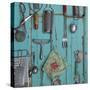 USA, Montana, Missoula. Old fashioned kitchen implements displayed on weathered door.-Jaynes Gallery-Stretched Canvas