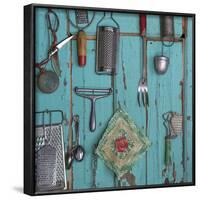 USA, Montana, Missoula. Old fashioned kitchen implements displayed on weathered door.-Jaynes Gallery-Framed Photographic Print