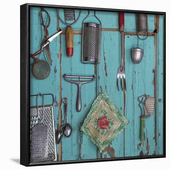 USA, Montana, Missoula. Old fashioned kitchen implements displayed on weathered door.-Jaynes Gallery-Framed Photographic Print