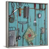 USA, Montana, Missoula. Old fashioned kitchen implements displayed on weathered door.-Jaynes Gallery-Framed Photographic Print