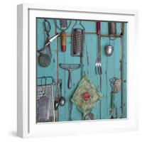 USA, Montana, Missoula. Old fashioned kitchen implements displayed on weathered door.-Jaynes Gallery-Framed Photographic Print