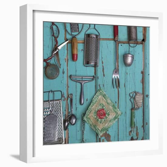 USA, Montana, Missoula. Old fashioned kitchen implements displayed on weathered door.-Jaynes Gallery-Framed Photographic Print